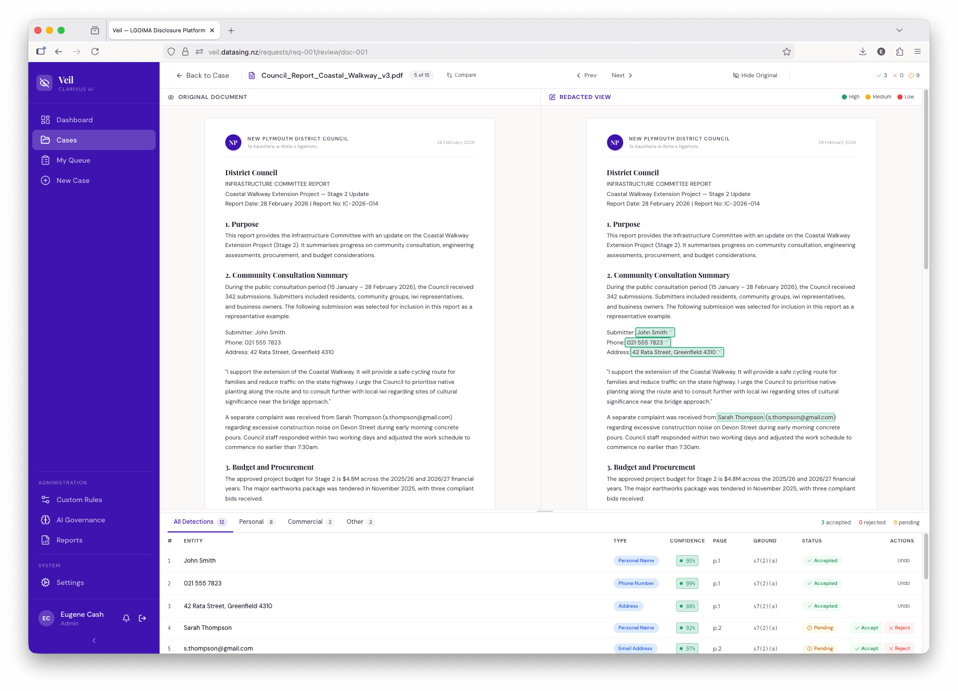 Side-by-side document review showing original and redacted views with highlighted detections
